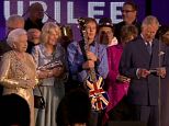 The Queen, Duchess of Cornwall, Sir Paul McCartney, Sir Elton John, Dame Shirley Bassey, Kylie Minogue and Sir Cliff Richard listen while Prince Charles delivers his final speech