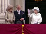 The Queen appears on the balcony of Buckingham Palace this afternoon to mark her Diamond Jubilee with (l to r) Camilla and Prince Charles, Prince William and Kate, and Prince Harry